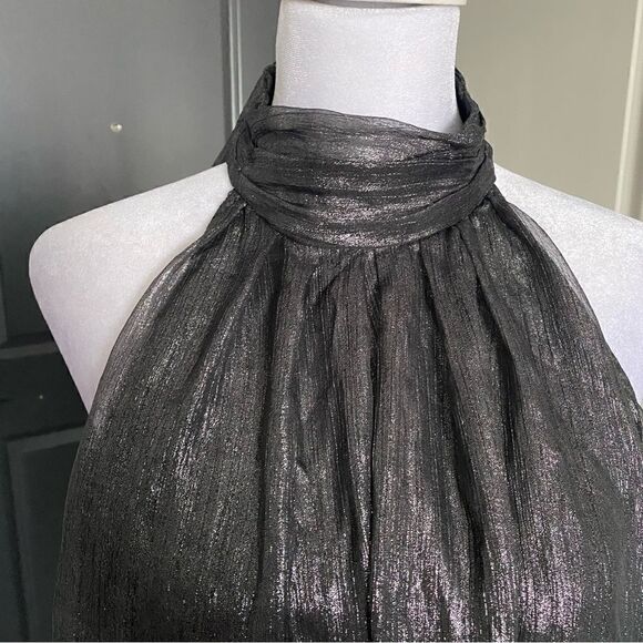 Choosy Gray Metallic A-line Halter Mini Dress with Open Back and Bow Tie Size S - Picture 3 of 10